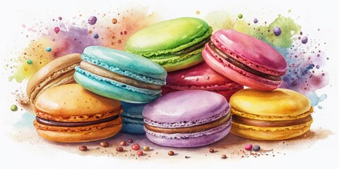 Vibrant watercolor illustration of assorted colorful macarons with granulated texture, showcasing French patisserie indulgence in a whimsical, dreamy, and mouthwatering artistic representation.