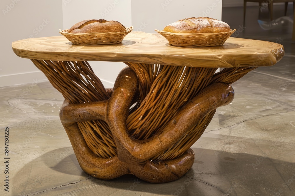 Poster two loaves of bread resting on a custom handcrafted wooden table with a woven wicker design