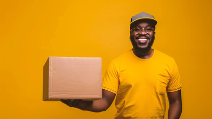 A smiling black man delivery holding cardboard box on yellow background