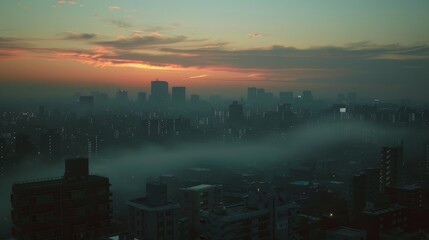Fototapeta premium A picturesque view of a city skyline at sunset, with a layer of fog rolling in, symbolizing mystery, tranquility, and the transition between day and night. The silhouette of the buildings against the 