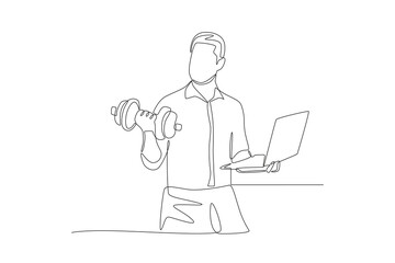 Men who exercise while working. Multitasking concept one-line drawing