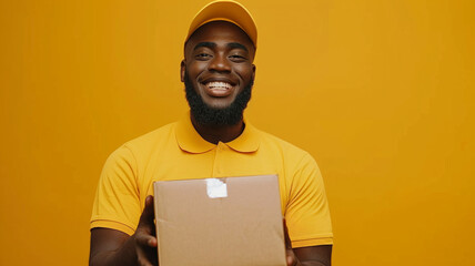 A smiling black man delivery holding cardboard box on yellow background