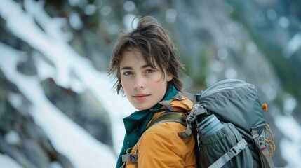 Young woman hiking in snowy mountain with winter gear and backpack.