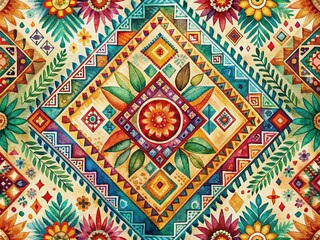 Vibrant watercolor illustration of ethnic tribal patterns featuring intricate geometries, florals, and abstract shapes in a mesmerizing mix of earthy colors and bold textures.