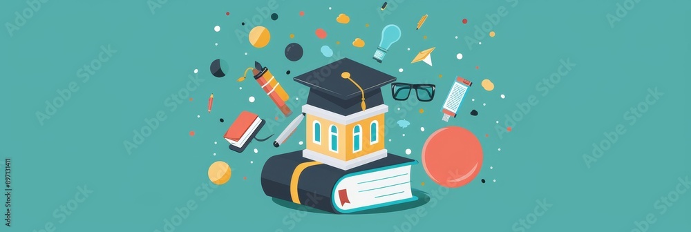 Poster a graduation cap sits atop a stack of books, surrounded by floating objects symbolizing education, k