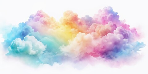 Vibrant soft pastel watercolor clouds float effortlessly against a bright white background, creating a whimsical and dreamy atmosphere perfect for creative design projects.