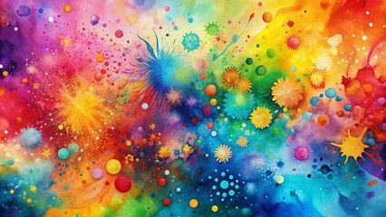 Vibrant multicolor watercolor splash and dot background featuring abstract shapes and playful textures, perfect for festive event flyers, party invitations, and celebratory designs.