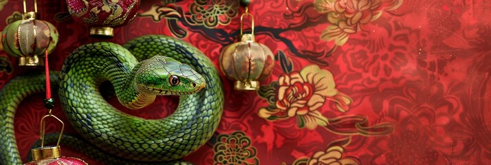 Obraz premium A green snake is wrapped around red Chinese lanterns hanging on a red and gold background, symbolizing Chinese culture, tradition, good fortune, and the cycle of life.
