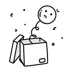 Prank box with sad emoji, doodle style icon 

