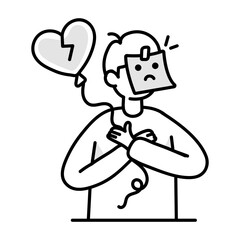 Heartbroken man holding balloon, doodle icon 

