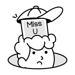 Man with miss you banner in hiding hole, doodle icon 

