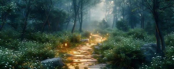 Obraz premium Serene forest path illuminated by soft sunlight, calming nature walk, tranquil