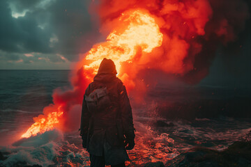 Fototapeta premium Signal Flare in a Rescue Mission: Emblematic of Hope and Urgency