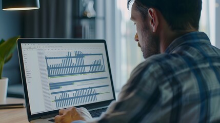 Analyzing the Data: A focused businessman scrutinizes financial charts on his laptop, reflecting the dedication and meticulousness of modern entrepreneurship. The image evokes a sense of determination