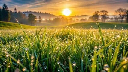 Obraz premium Serene grass field glistens with dewy water droplets, capturing the morning's tranquil beauty in a picturesque landscape of lush greenery and subtle shimmer.
