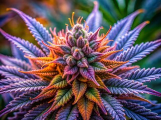 Vibrant purple untrimmed medical marijuana flower showcases sparkling trichomes, vibrant orange hairs, and lush green leaves, highlighting the intricate details of the cannabis plant's beauty.
