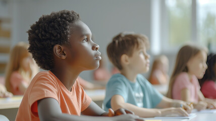 Children  study in a clean white classroom