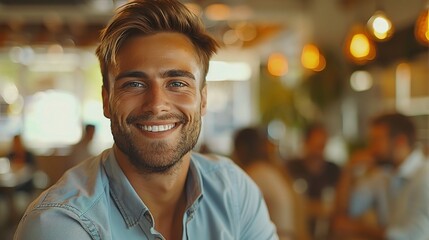 Obraz premium Man's Authentic Smile in Cafe: A close-up portrait of a handsome young man with a warm and genuine smile, capturing a moment of joy and contentment in a casual cafe setting. 