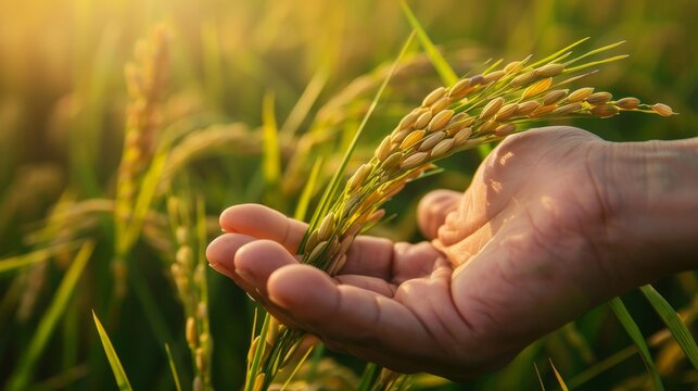 A hand gently cradles a stalk of rice paddy, symbolizing the connection between humanity and nature, agriculture, harvest, food security, and sustainability.