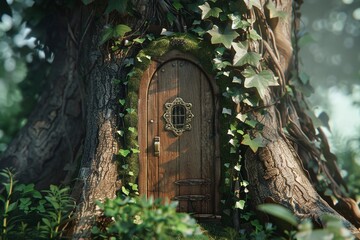 ai generative The door in the big tree of the fantasy world of the elf dwarf's house