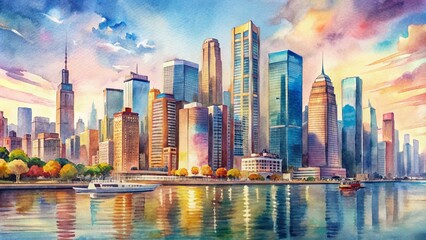 Vibrant watercolor cityscape illustration featuring sleek skyscrapers, bustling streets, and tranquil waterfront, rendered in intricate pencil details and soft, dreamy colors.
