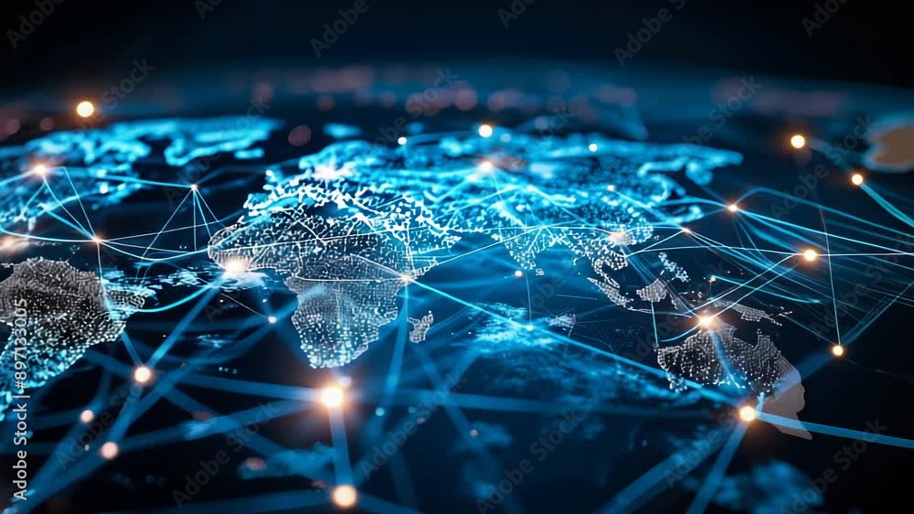 Poster global network connections with glowing nodes and lines on world map for international communication