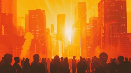 Silhouettes of people stand in awe as the sun rises over a futuristic cityscape, symbolizing hope, progress, community, unity, and a bright future.