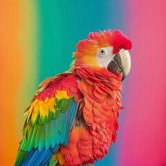 Obraz premium Studio Photo: Vibrant Parrot Against a Rainbow Background