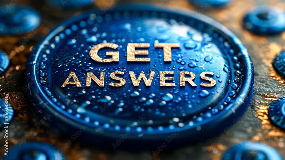 Poster close-up of large blue button with 'get answers' text, symbolizing easy access to information and as