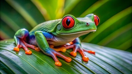 Obraz premium Vibrant green tree frog with striking red eyes perches on a leaf, showcasing intricate skin texture and delicate features in a lush tropical environment.