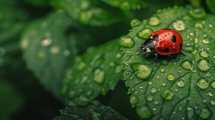 Fototapeta premium A ladybug perched on a lush green leaf, surrounded by glistening dewdrops. The image symbolizes nature's beauty, the fragility of life, the importance of protection, and the wonder of tiny creature