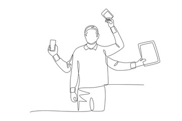 A passionate man with a lot of work. Multitasking concept one-line drawing
