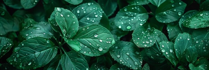 Fototapeta premium Close-up of vibrant green leaves covered in dew drops, symbolizing freshness, nature, growth, life, and beauty.