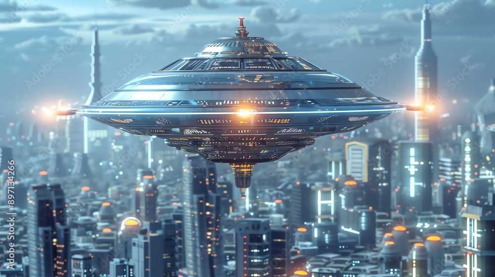 Poster a futuristic city with a ufo hovering over it.