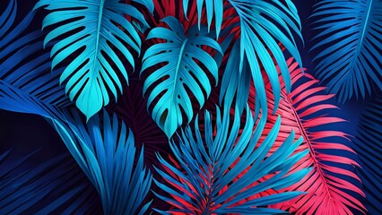 Vibrant blue and red palm leaves on a dark background.