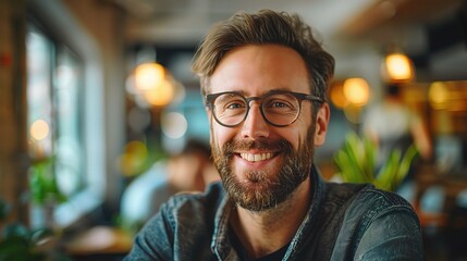 Obraz premium Confident and Content: A bearded millennial man with glasses smiles brightly in a bustling cafe, radiating warmth and approachability. 