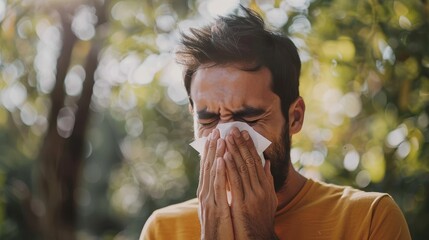 A young man with allergies or a cold is outdoors, sneezing and blowing his nose with a tissue.  He is suffering from symptoms such as a runny nose, watery eyes, and sneezing. The image depicts the dis