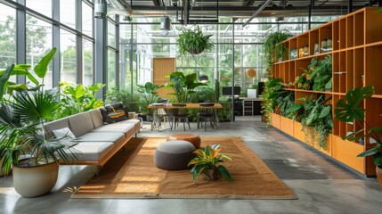A modern office lounge with large windows, indoor plants, and a comfortable couch.
