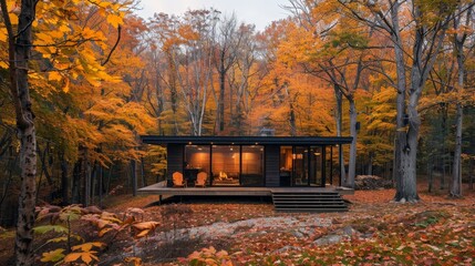 A sleek, modern cabin sits amidst a vibrant autumn forest, showcasing the beauty of nature and architecture. The warm hues of the foliage contrast with the dark wood of the cabin, creating a stunning 
