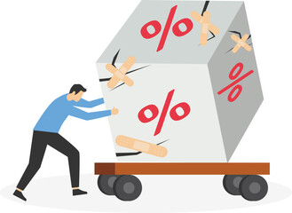 Returned interest, financial and mortgage rates. Businessman walking with bandage repaired cube block with percentage shape. Modern vector illustration in flat style.

