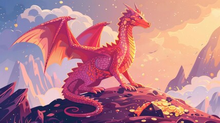 Obraz premium A majestic dragon rests atop a mountain peak surrounded by treasure at sunrise, with fantasy elements in the background.