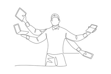 A nimble man with a lot to do. Multitasking concept one-line drawing