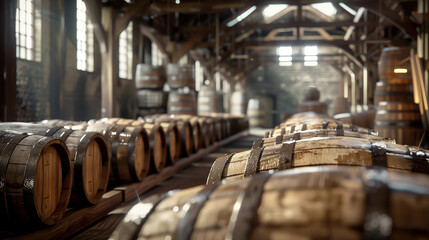 A large room filled with barrels of alcohol