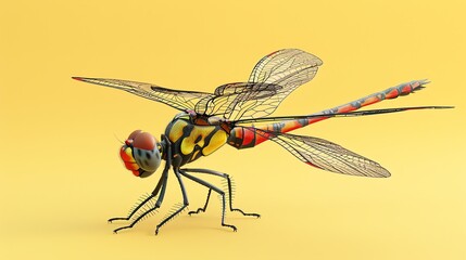 A 3D rendered dragonfly with colorful markings on a yellow background.
