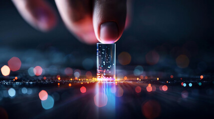 Close-up of hand holding futuristic technology device with colorful lights. Concept of innovation, technology, and science.