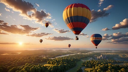Naklejka premium Hot air balloons flying over a forest at sunrise.