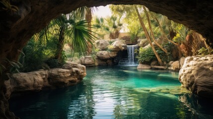 Naklejka premium photograph of a hidden turquoise oasis discovered by weary travelers, surrounded by lush greenery and exotic birdsong