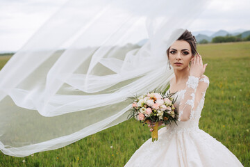 A woman in a white dress is standing in a field with a veil blowing behind her. She is holding a...
