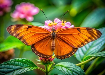 Vibrant orange butterfly with delicate wings and antennae perched on a soft pink petals of a blooming flower, surrounded by lush green leaves.