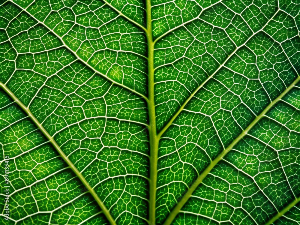 Poster vibrant green leaf texture with intricate network of veins and cells in high-definition macro photog